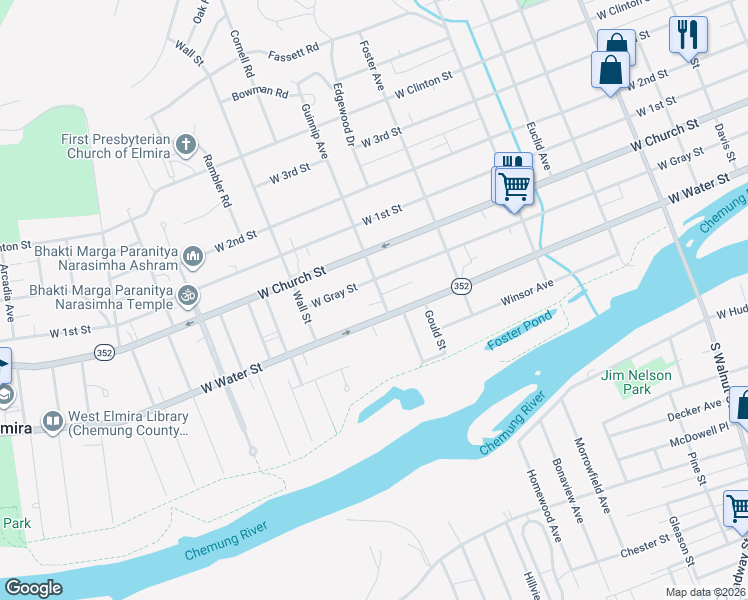 map of restaurants, bars, coffee shops, grocery stores, and more near 107 Guinnip Avenue in Elmira