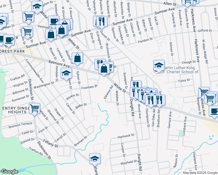 map of restaurants, bars, coffee shops, grocery stores, and more near 710 White Street in Springfield