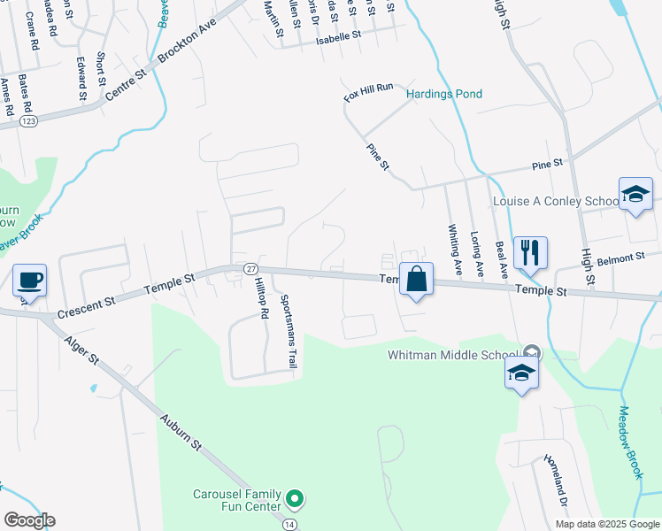 map of restaurants, bars, coffee shops, grocery stores, and more near 851 Temple Street in Whitman