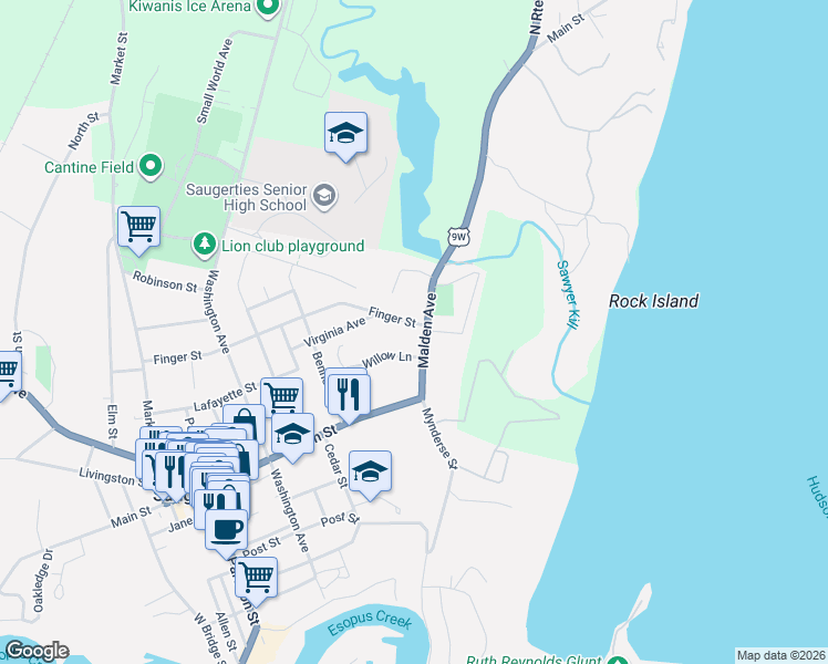 map of restaurants, bars, coffee shops, grocery stores, and more near 67 Finger Street in Saugerties