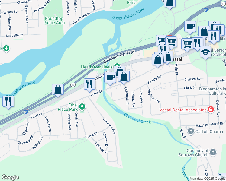 map of restaurants, bars, coffee shops, grocery stores, and more near 503 Front Street in Vestal