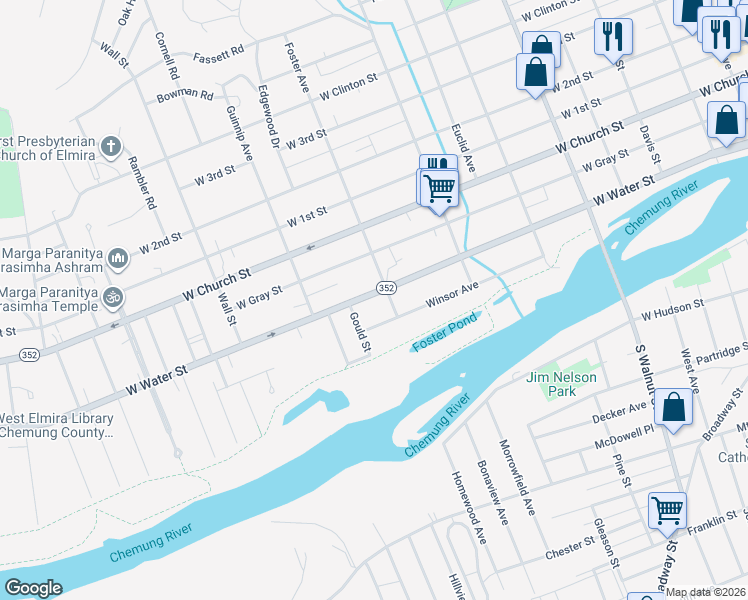 map of restaurants, bars, coffee shops, grocery stores, and more near 800-810 West Water Street in Elmira