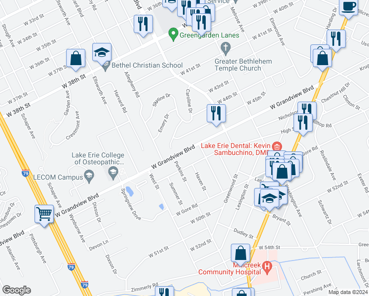 map of restaurants, bars, coffee shops, grocery stores, and more near 1680 West Grandview Boulevard in Erie
