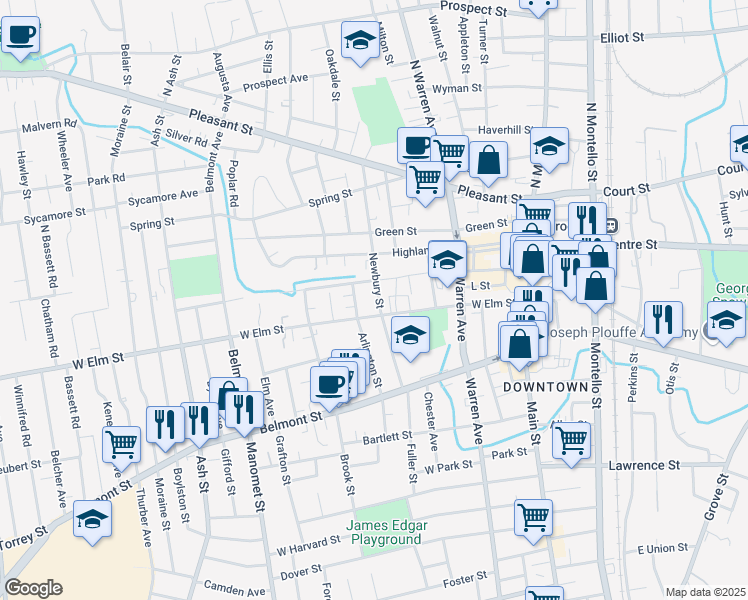 map of restaurants, bars, coffee shops, grocery stores, and more near 128 Newbury Street in Brockton