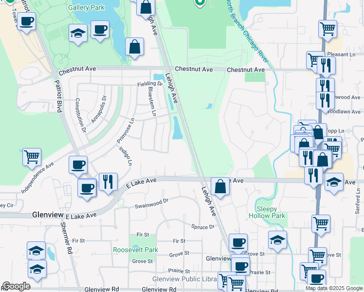 map of restaurants, bars, coffee shops, grocery stores, and more near 1502 Lehigh Avenue in Glenview