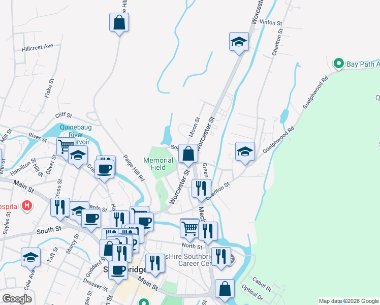 map of restaurants, bars, coffee shops, grocery stores, and more near 3 Moon Street in Southbridge
