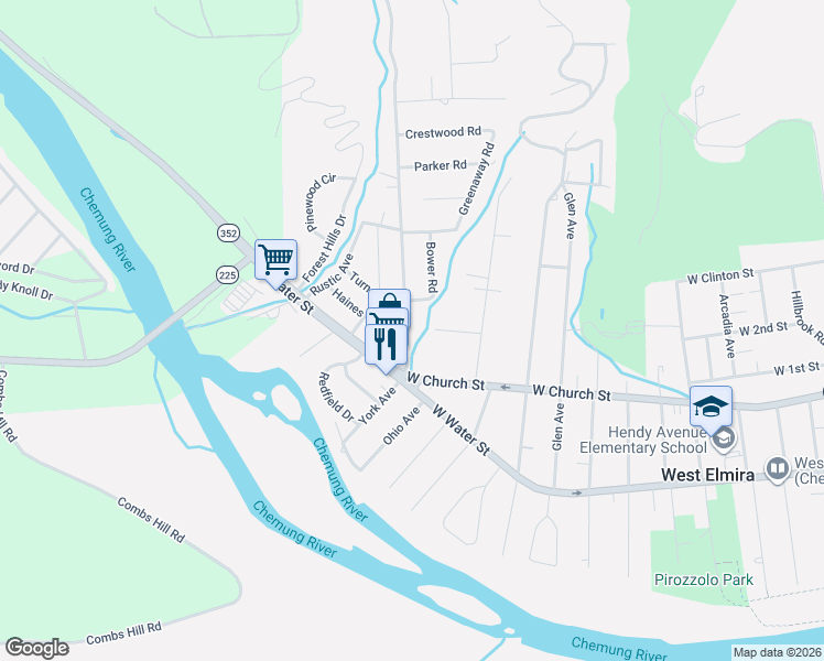 map of restaurants, bars, coffee shops, grocery stores, and more near 20 Coleman Avenue in Elmira