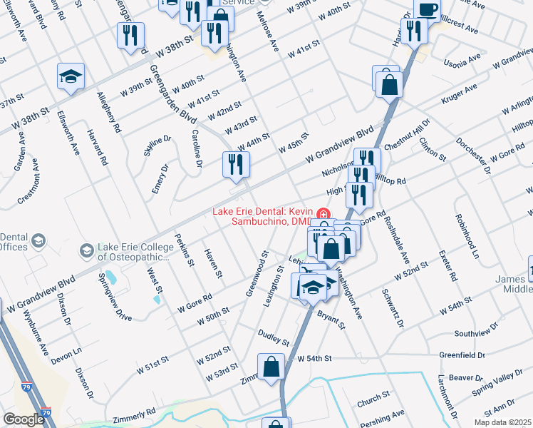 map of restaurants, bars, coffee shops, grocery stores, and more near 1561 High Street in Erie