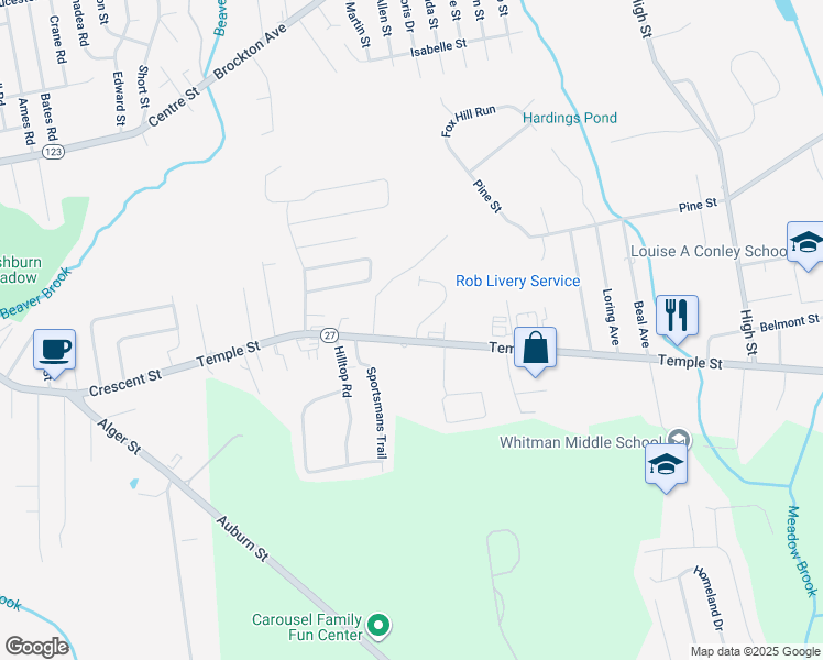 map of restaurants, bars, coffee shops, grocery stores, and more near 855 Temple Street in Whitman