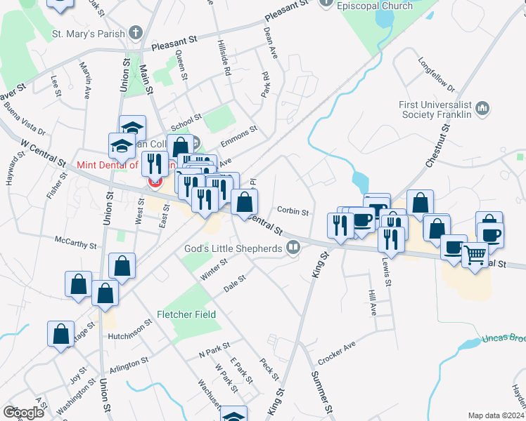 map of restaurants, bars, coffee shops, grocery stores, and more near 9 Alpine Place in Franklin