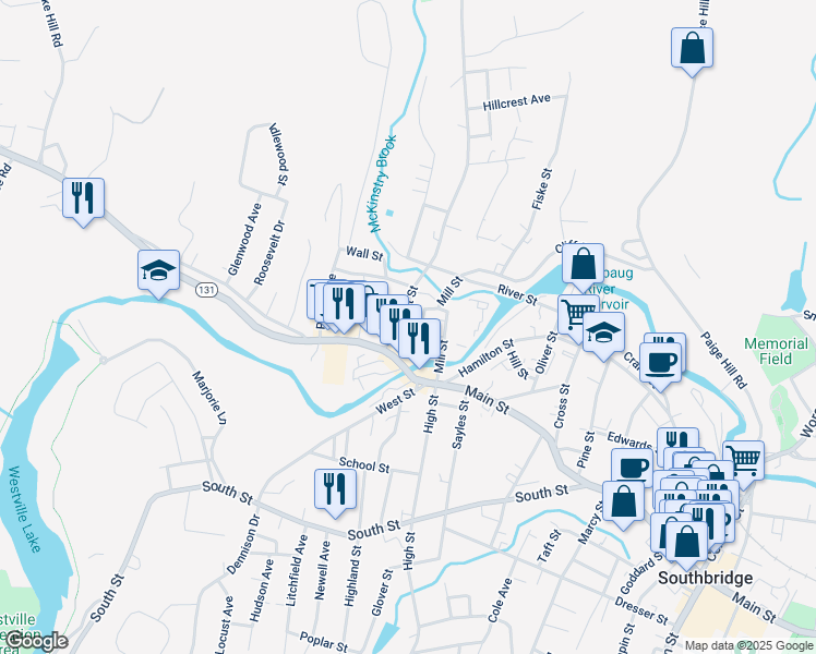 map of restaurants, bars, coffee shops, grocery stores, and more near 20 Brick Row in Southbridge