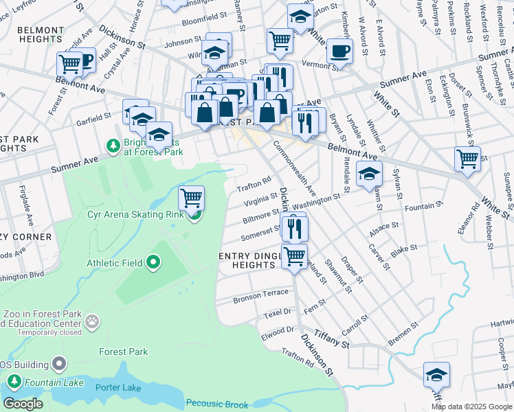 map of restaurants, bars, coffee shops, grocery stores, and more near 43 Virginia Street in Springfield