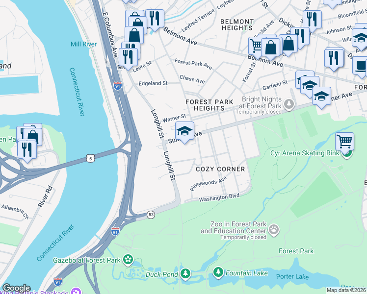 map of restaurants, bars, coffee shops, grocery stores, and more near 45 Sumner Avenue in Springfield