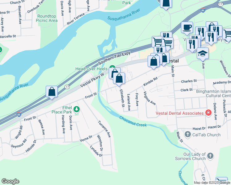 map of restaurants, bars, coffee shops, grocery stores, and more near 425 Front Street in Vestal
