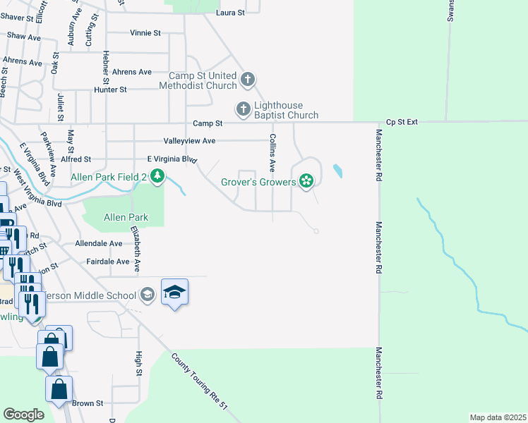 map of restaurants, bars, coffee shops, grocery stores, and more near 48 Pinedale Avenue in Jamestown