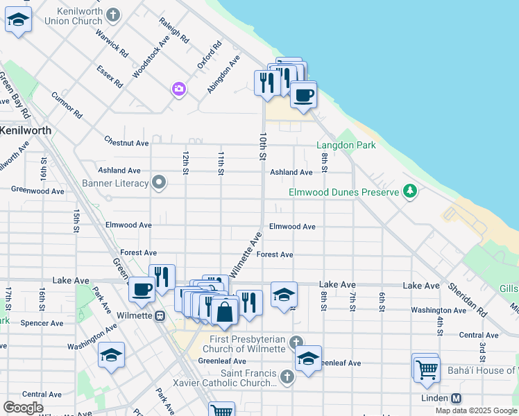 map of restaurants, bars, coffee shops, grocery stores, and more near 1011 Greenwood Avenue in Wilmette