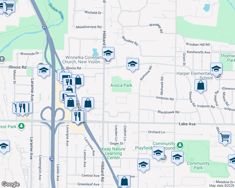 map of restaurants, bars, coffee shops, grocery stores, and more near 2940 Iroquois Road in Wilmette