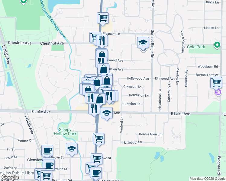 map of restaurants, bars, coffee shops, grocery stores, and more near 1510 Plymouth Place in Glenview