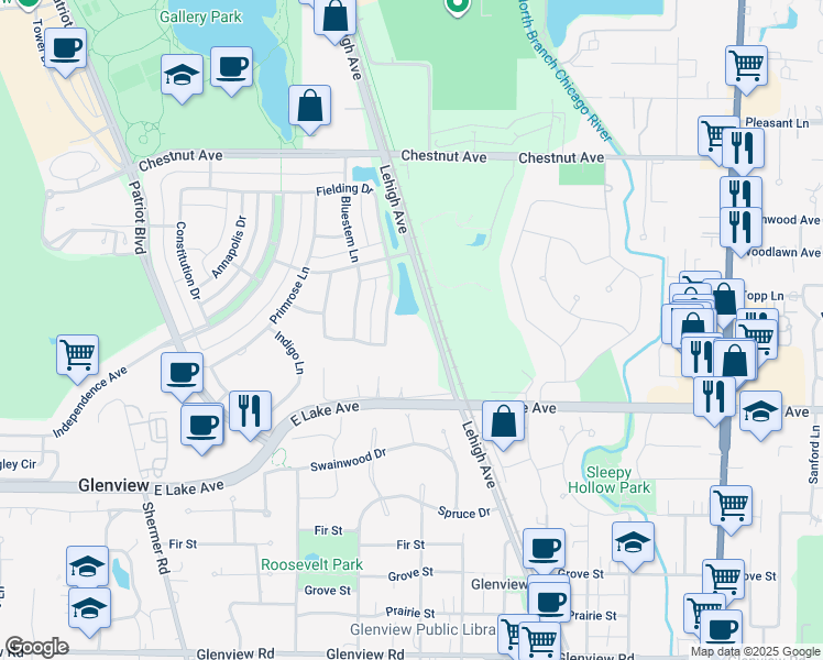 map of restaurants, bars, coffee shops, grocery stores, and more near 1502 Lehigh Avenue in Glenview