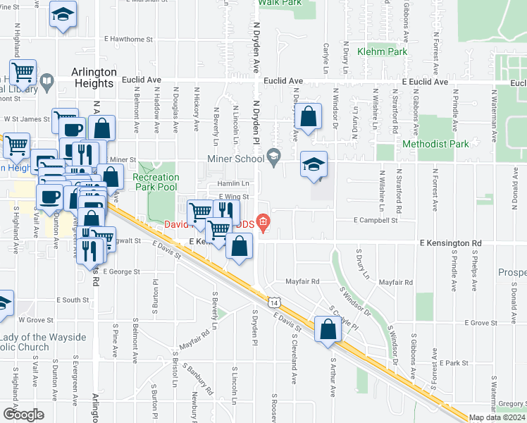 map of restaurants, bars, coffee shops, grocery stores, and more near 29 North Dryden Place in Arlington Heights