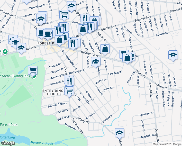 map of restaurants, bars, coffee shops, grocery stores, and more near 2 Carlton Street in Springfield