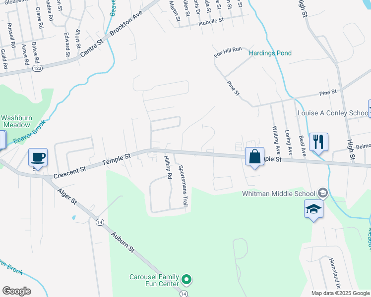 map of restaurants, bars, coffee shops, grocery stores, and more near 14 Glenwood Street in Whitman