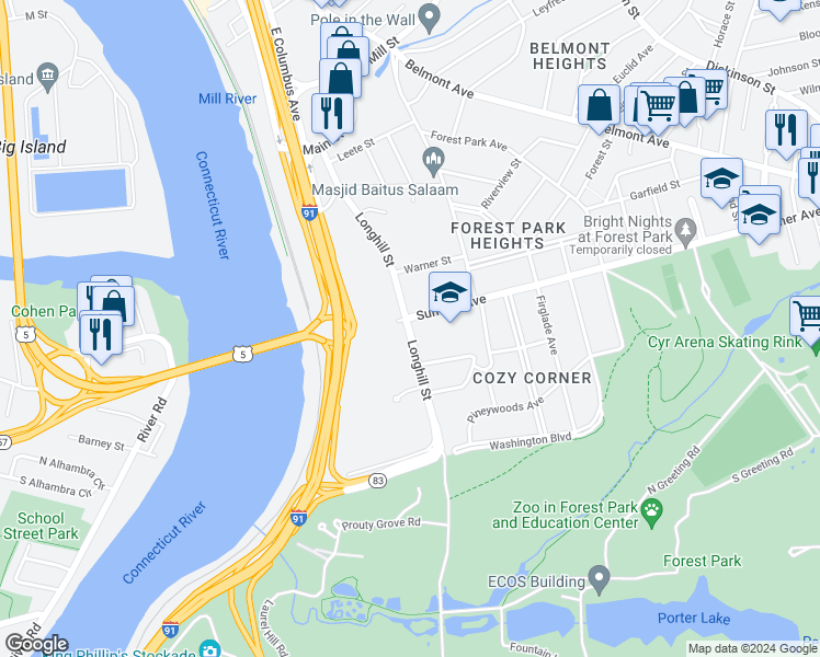 map of restaurants, bars, coffee shops, grocery stores, and more near 1 Sumner Avenue in Springfield