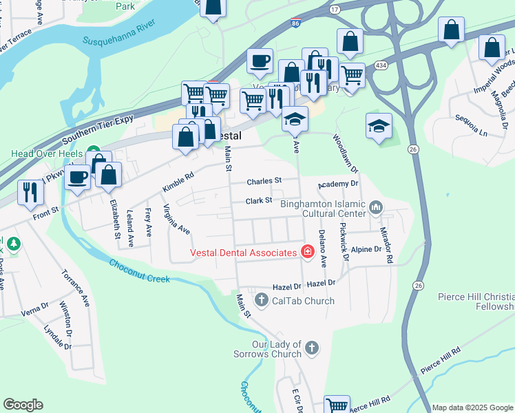 map of restaurants, bars, coffee shops, grocery stores, and more near 116 Clark St in Vestal