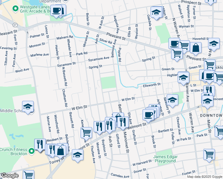 map of restaurants, bars, coffee shops, grocery stores, and more near 159 Ellsworth Street in Brockton