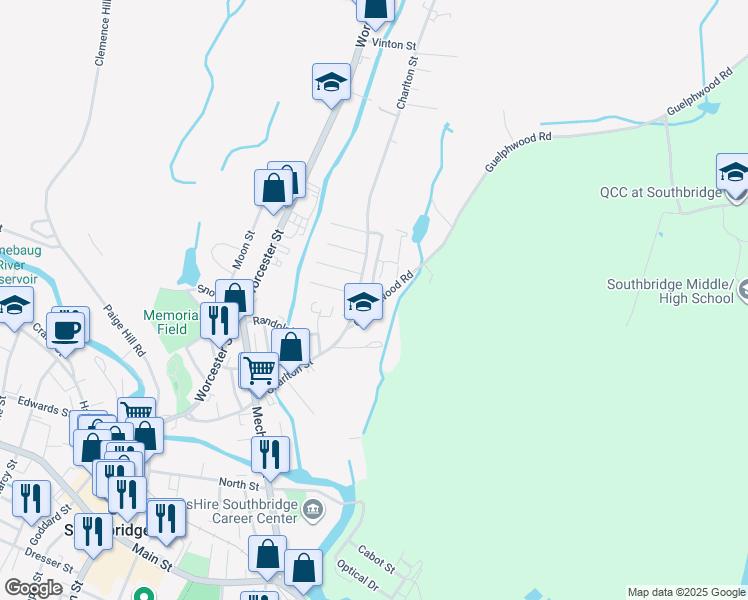 map of restaurants, bars, coffee shops, grocery stores, and more near 45 Guelphwood Road in Southbridge
