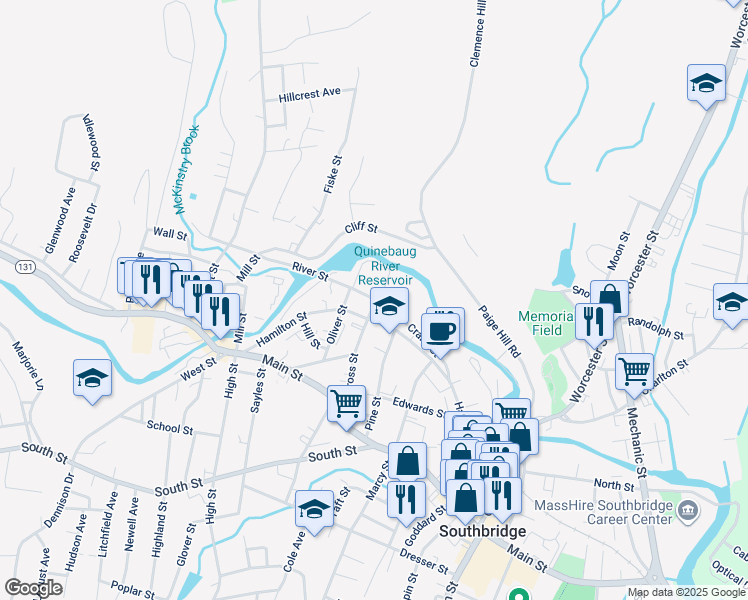 map of restaurants, bars, coffee shops, grocery stores, and more near 25 River Street in Southbridge