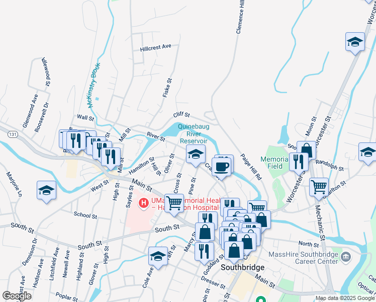 map of restaurants, bars, coffee shops, grocery stores, and more near 25 River Street in Southbridge