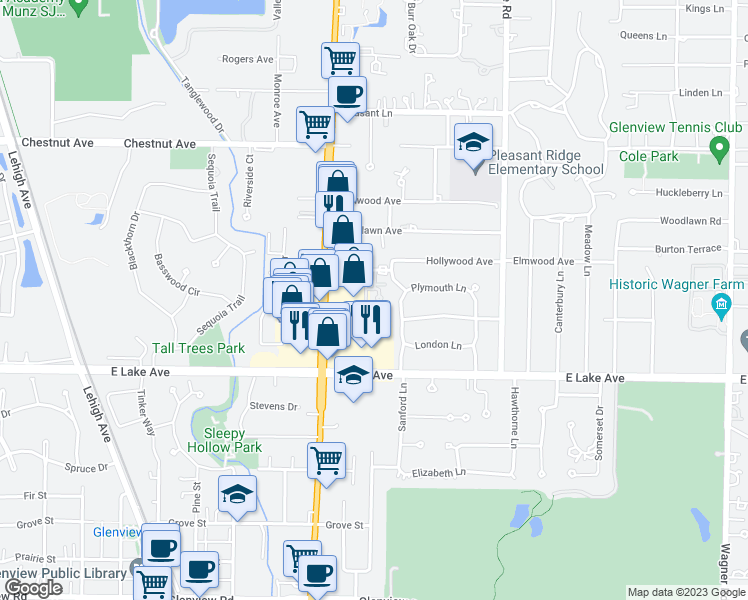 map of restaurants, bars, coffee shops, grocery stores, and more near 1510 Plymouth Place in Glenview