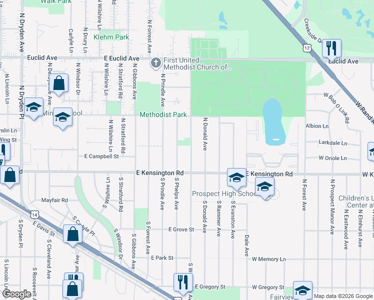 map of restaurants, bars, coffee shops, grocery stores, and more near 15 North Phelps Avenue in Arlington Heights