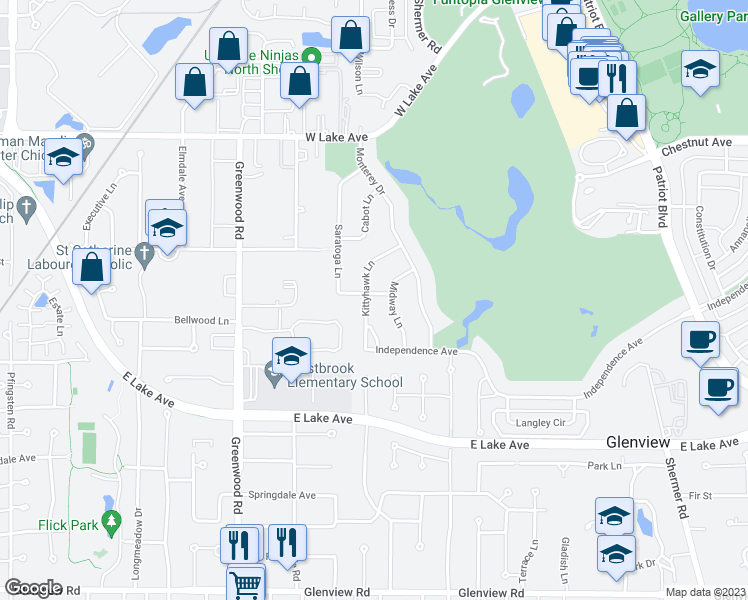 map of restaurants, bars, coffee shops, grocery stores, and more near 1483 Kittyhawk Lane in Glenview
