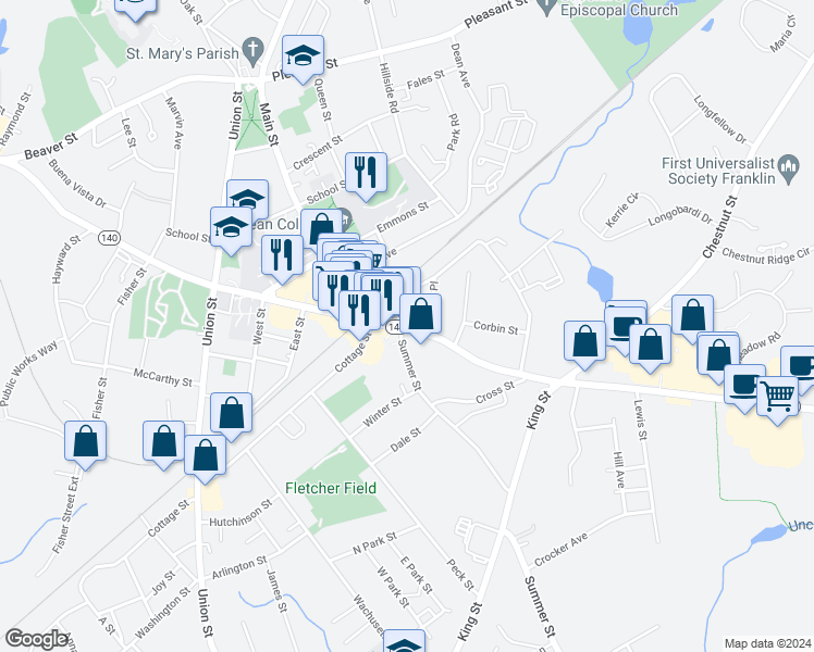 map of restaurants, bars, coffee shops, grocery stores, and more near 41 East Central Street in Franklin