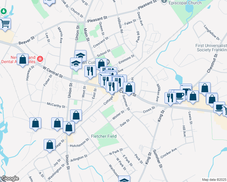 map of restaurants, bars, coffee shops, grocery stores, and more near 4 East Central Street in Franklin