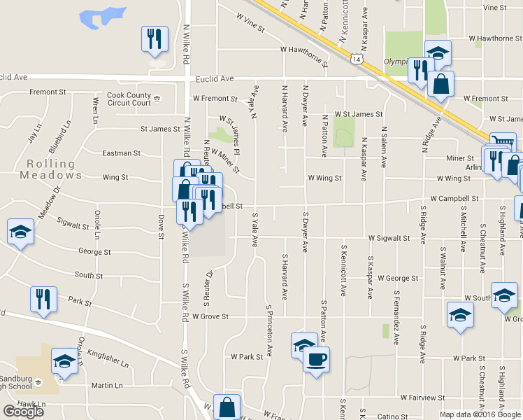 map of restaurants, bars, coffee shops, grocery stores, and more near 3 South Yale Avenue in Arlington Heights