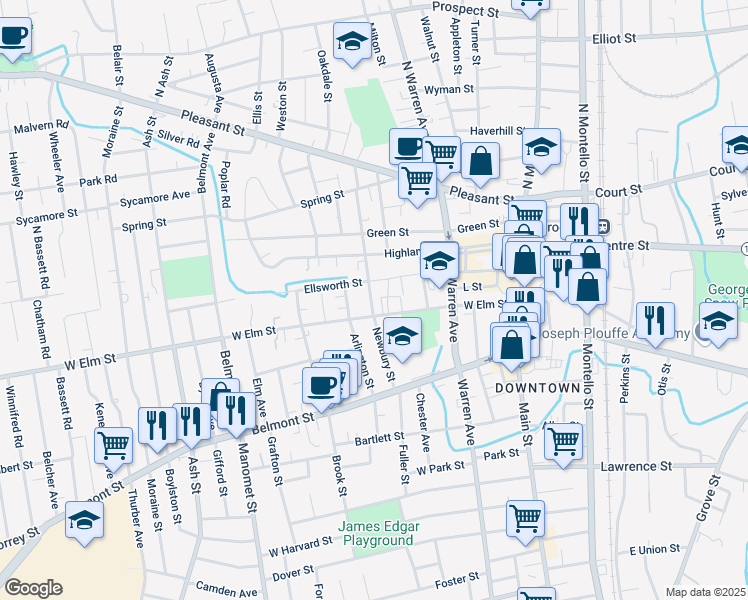 map of restaurants, bars, coffee shops, grocery stores, and more near 128 Newbury Street in Brockton