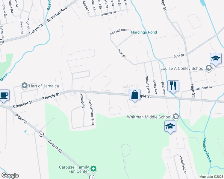 map of restaurants, bars, coffee shops, grocery stores, and more near 845 Temple Street in Whitman