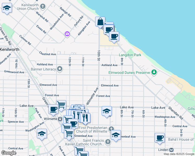 map of restaurants, bars, coffee shops, grocery stores, and more near 1011 Greenwood Avenue in Wilmette