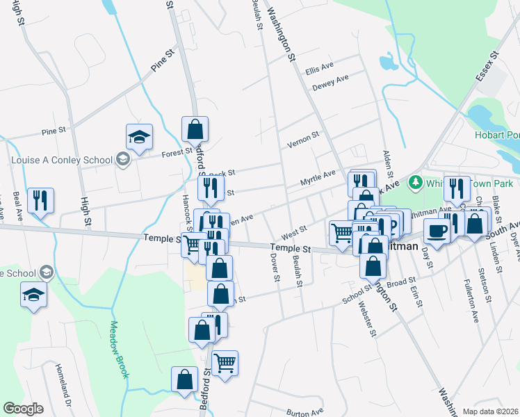 map of restaurants, bars, coffee shops, grocery stores, and more near 151 Warren Avenue in Whitman
