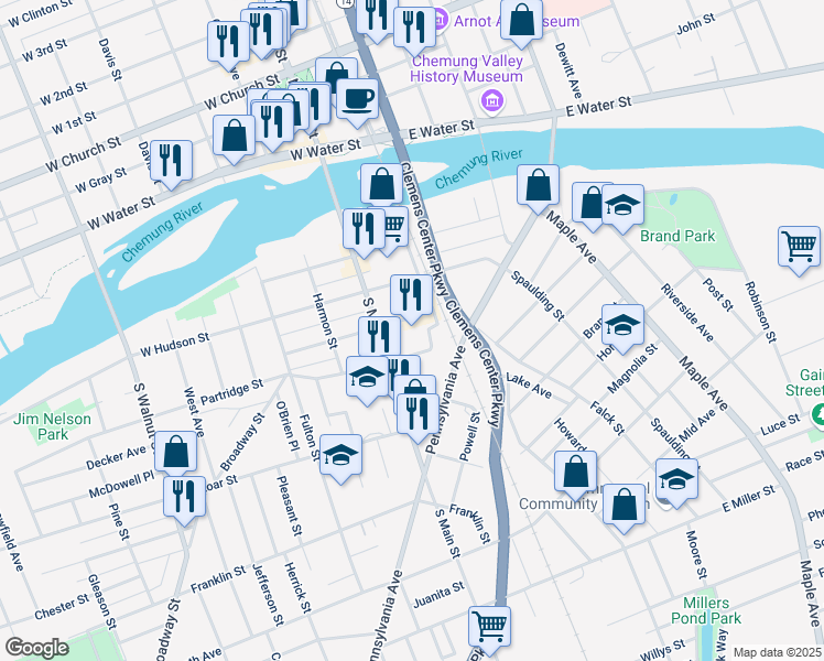 map of restaurants, bars, coffee shops, grocery stores, and more near 101 W Henry St in Elmira