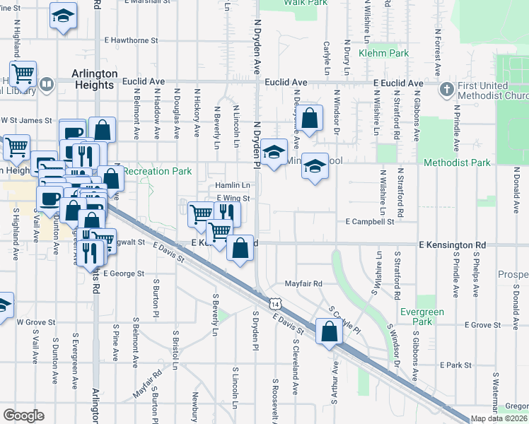 map of restaurants, bars, coffee shops, grocery stores, and more near 29 North Dryden Place in Arlington Heights