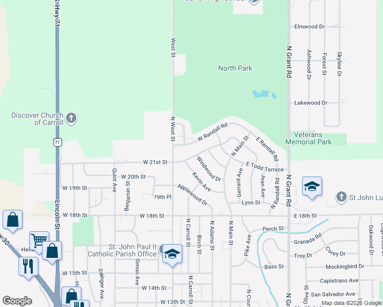 map of restaurants, bars, coffee shops, grocery stores, and more near 302 West 21st Street in Carroll