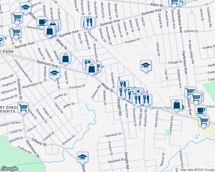 map of restaurants, bars, coffee shops, grocery stores, and more near 743 White Street in Springfield