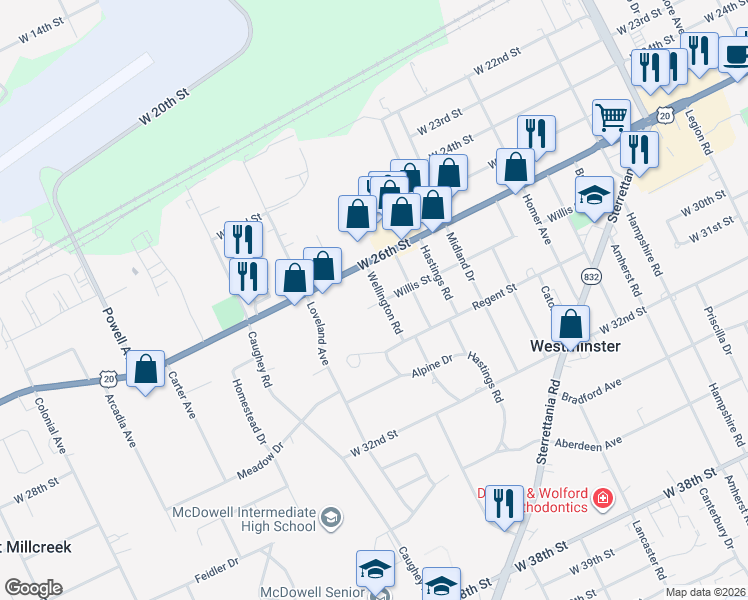 map of restaurants, bars, coffee shops, grocery stores, and more near 2718 Wellington Road in Erie