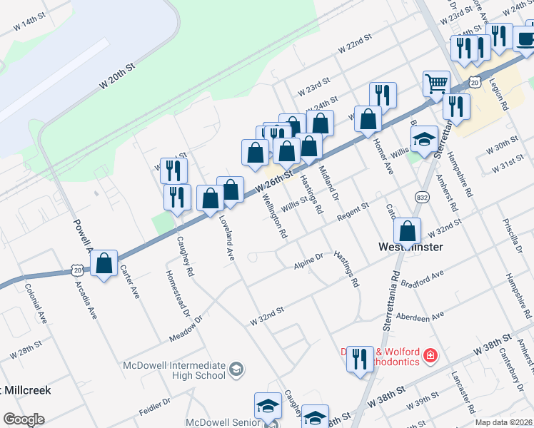 map of restaurants, bars, coffee shops, grocery stores, and more near 2718 Wellington Rd in Erie