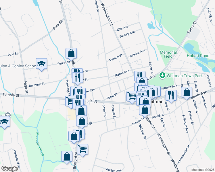 map of restaurants, bars, coffee shops, grocery stores, and more near 180 Beulah Street in Whitman