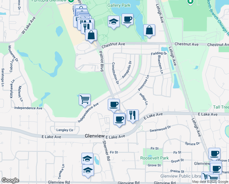 map of restaurants, bars, coffee shops, grocery stores, and more near 1518 Constitution Drive in Glenview